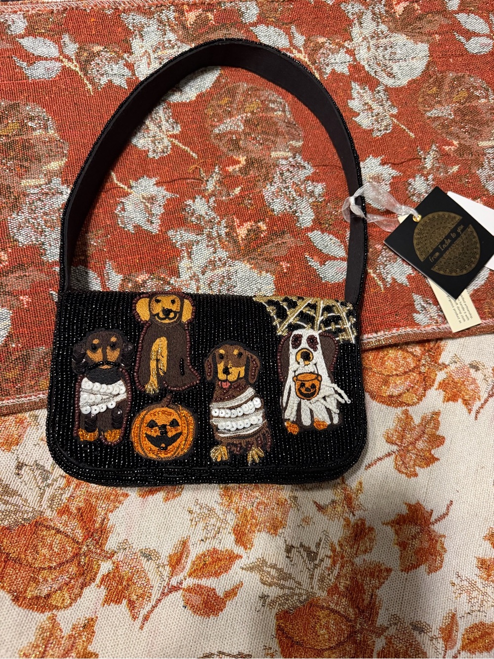 Viral Black Beaded Halloween Puppy Mini Shoulder Bag with Orange Accents